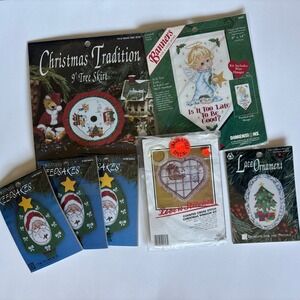Vtg Christmas Cross Stitch Kit Holiday Ornaments Banner Mini Tree Skirt Lot Of 7